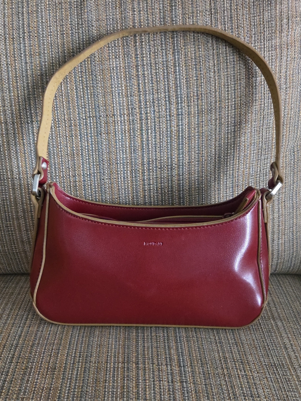 Mondani Vegan Leather Red Shoulder Bag with Tan Strap